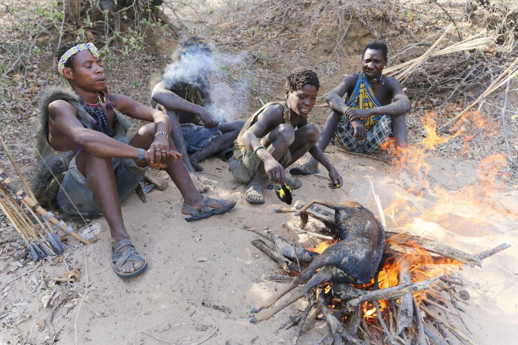 Young Hadzabe men roasting an antelope for food