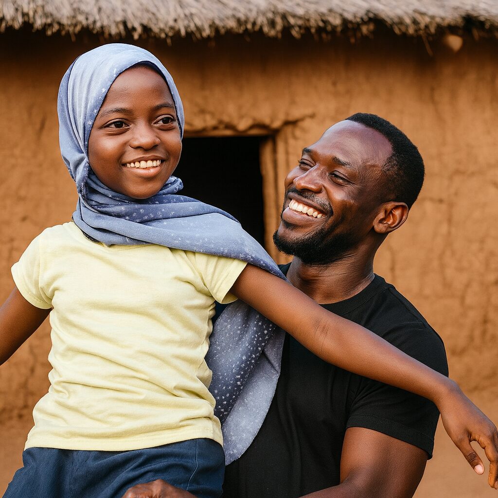 A joyful young African supported by a sponsor
